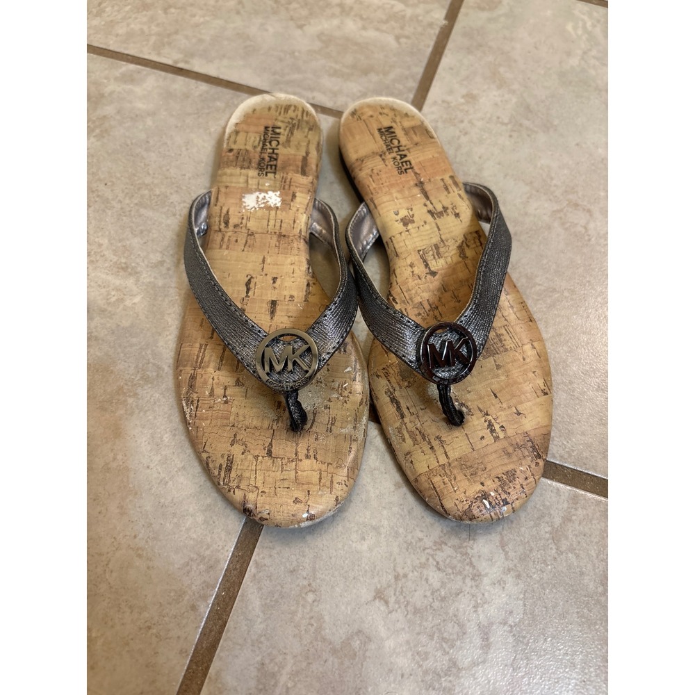 Michael Kors Demi Macie-888 Girls Kids Size 3 Gunmetal Cork Flip Flop Sandals MK